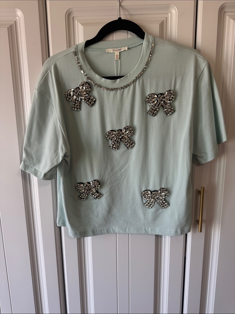 Pastels Mint Green Rhinestone Bow Tee